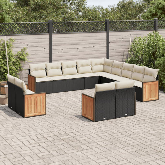 13-delige Loungeset met kussens poly rattan zwart