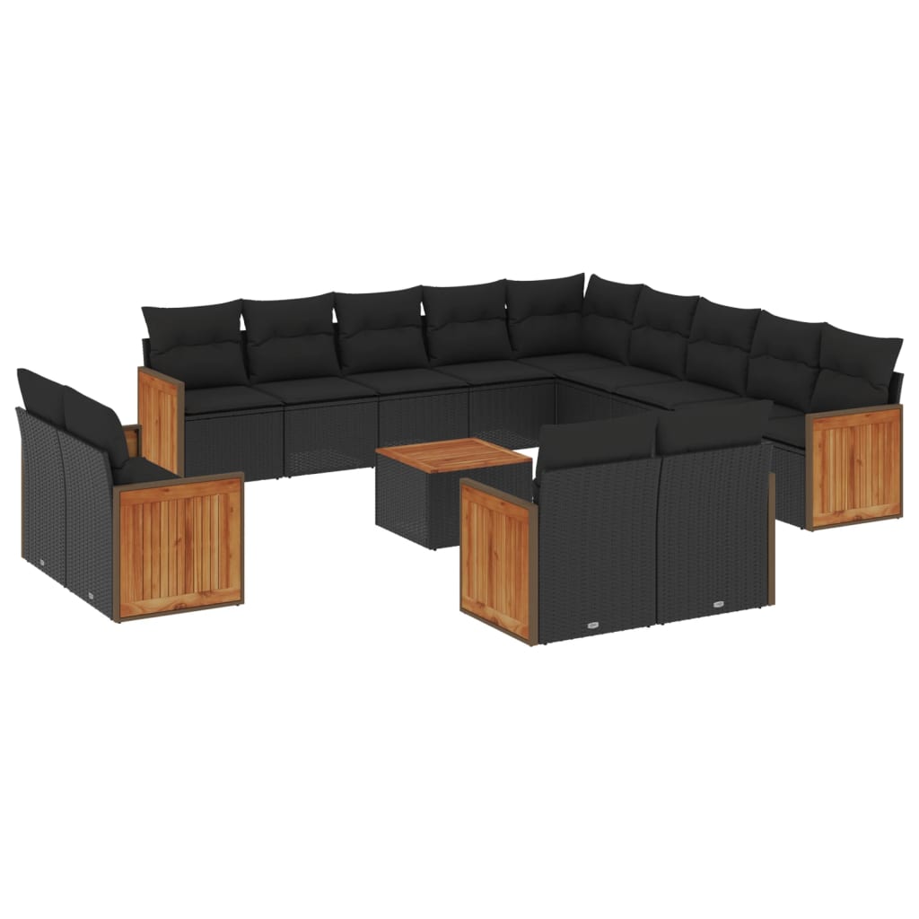 14-delige Loungeset met kussens poly rattan zwart