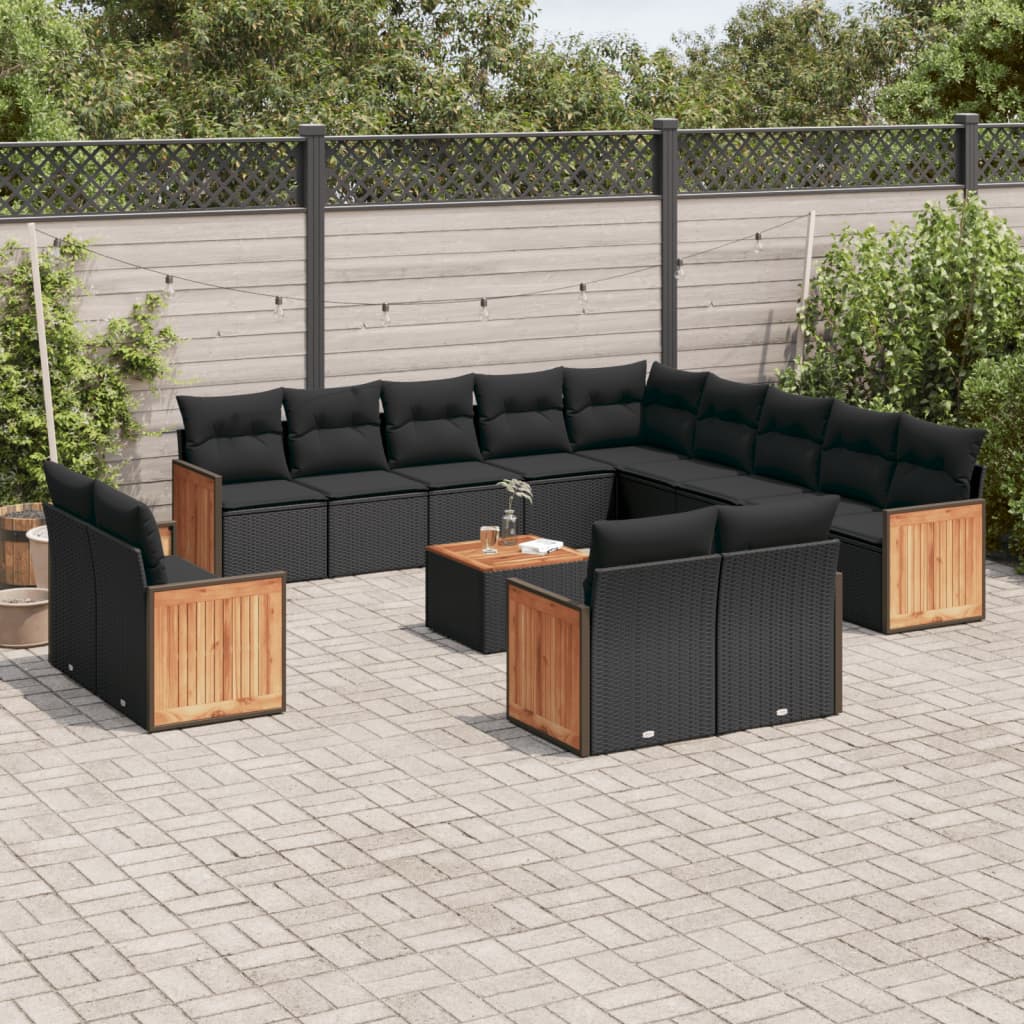 14-delige Loungeset met kussens poly rattan zwart