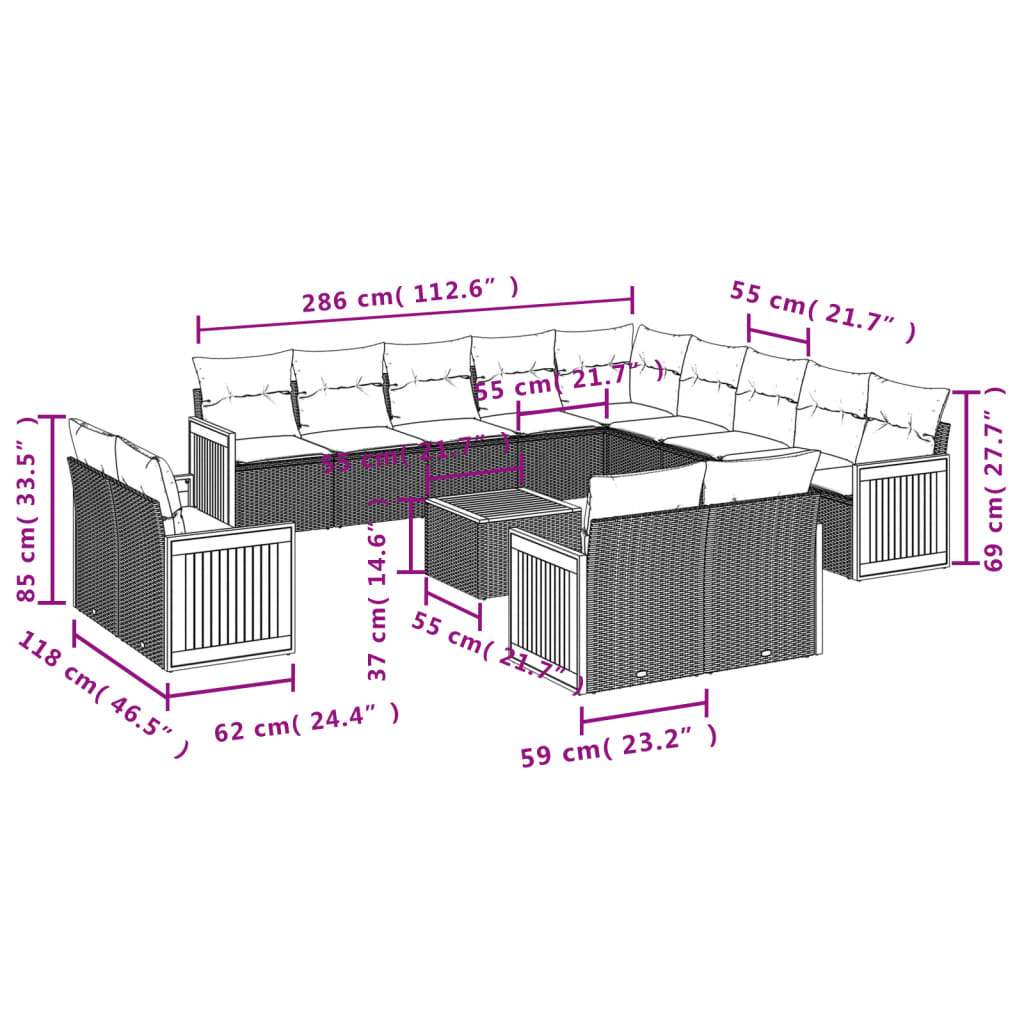 14-delige Loungeset met kussens poly rattan zwart