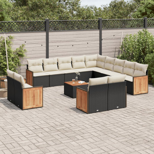 14-delige Loungeset met kussens poly rattan zwart