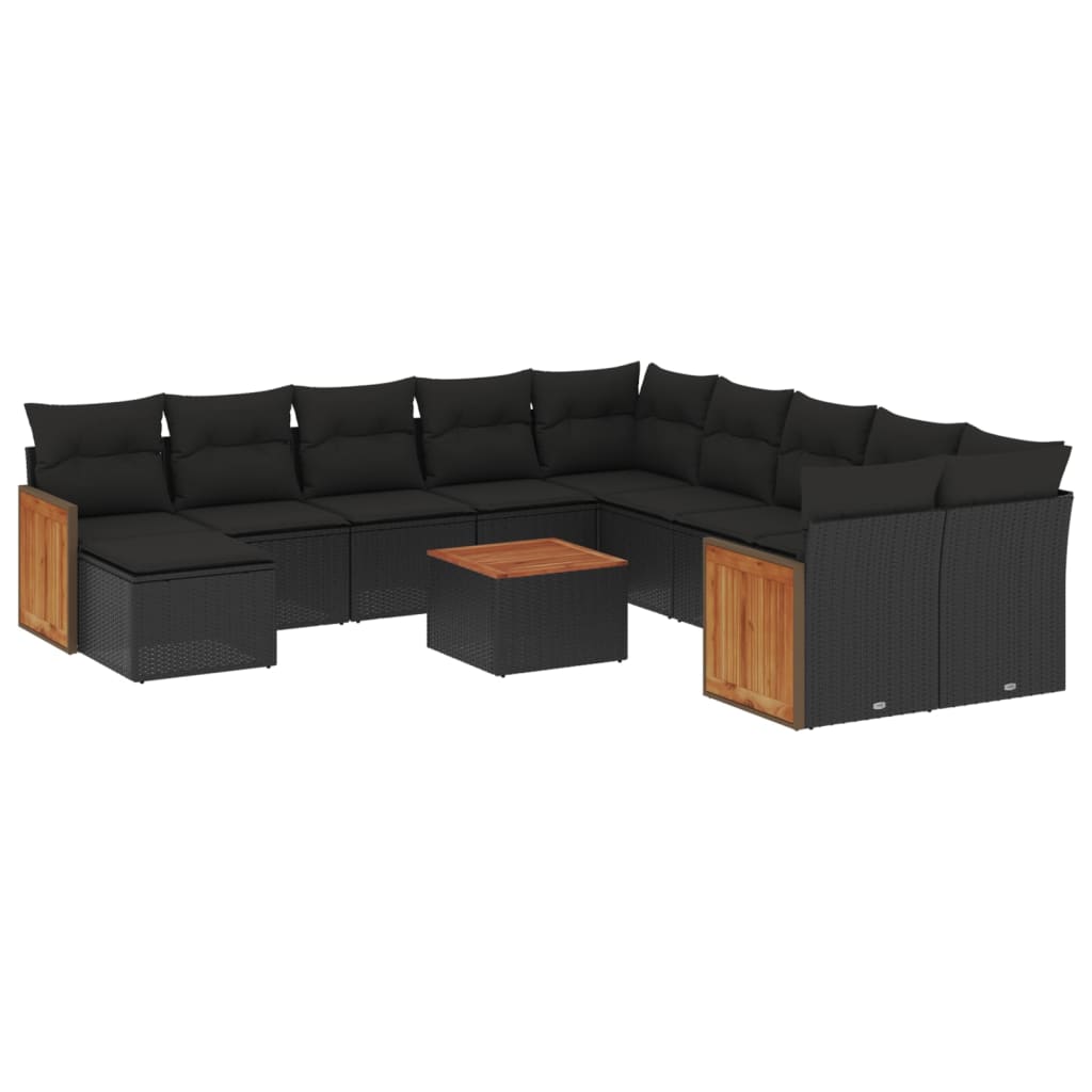 12-delige Loungeset met kussens poly rattan zwart