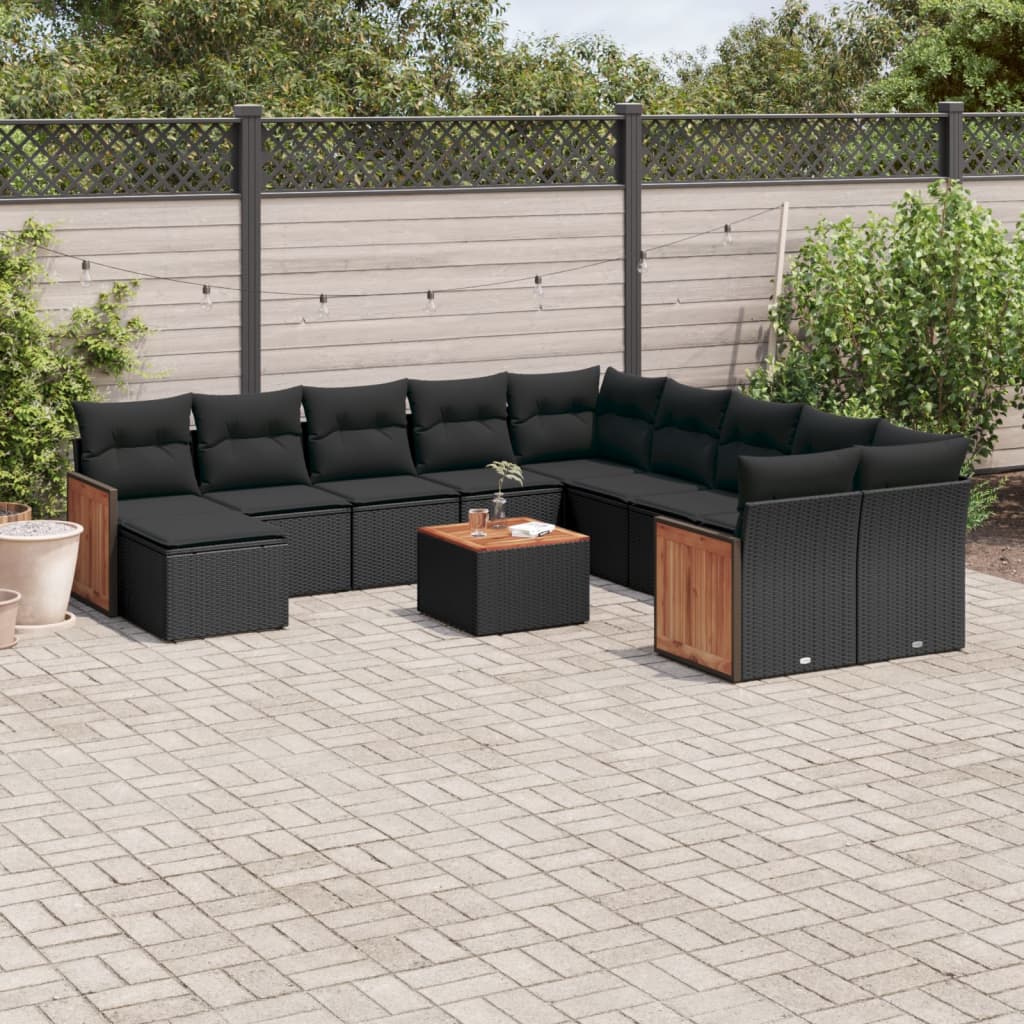 12-delige Loungeset met kussens poly rattan zwart