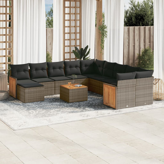 12-delige Loungeset met kussens poly rattan grijs