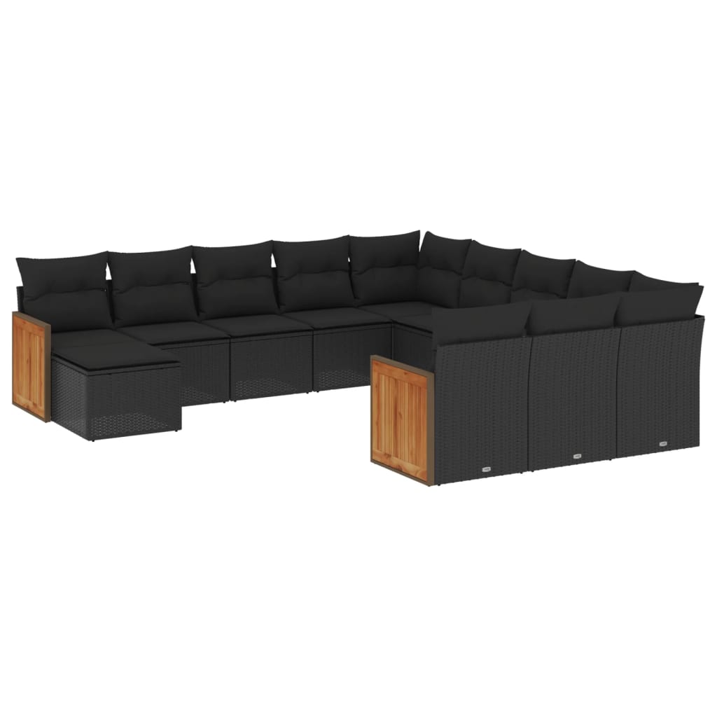 12-delige Loungeset met kussens poly rattan zwart