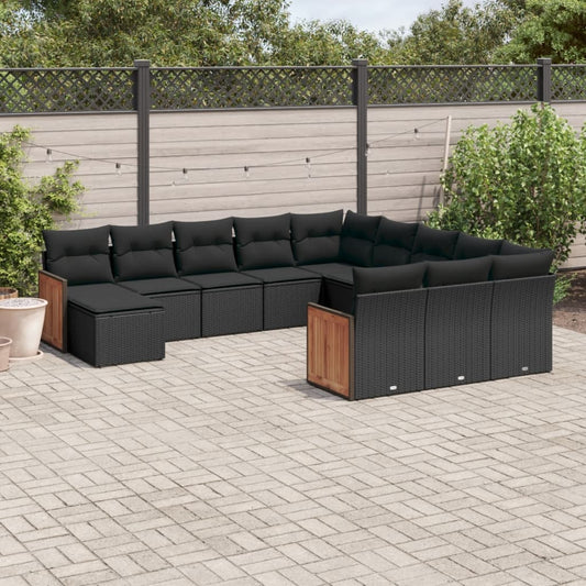 12-delige Loungeset met kussens poly rattan zwart