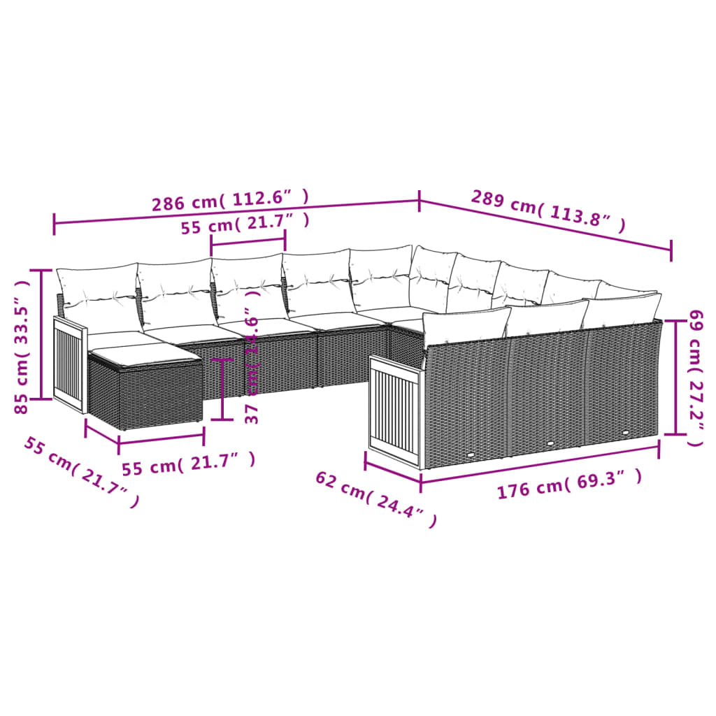 12-delige Loungeset met kussens poly rattan zwart