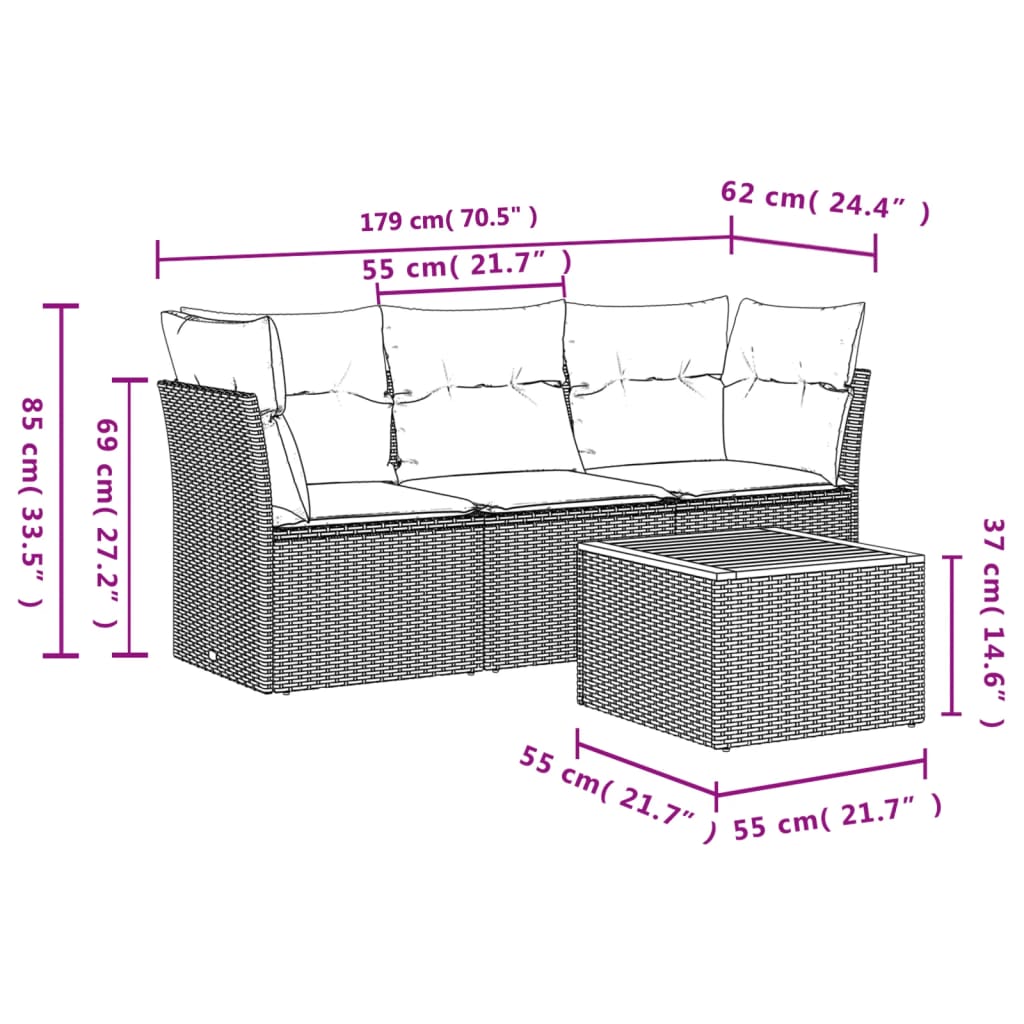 4-delige Loungeset met kussens poly rattan beige