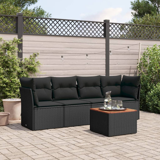 5-delige Loungeset met kussens poly rattan zwart