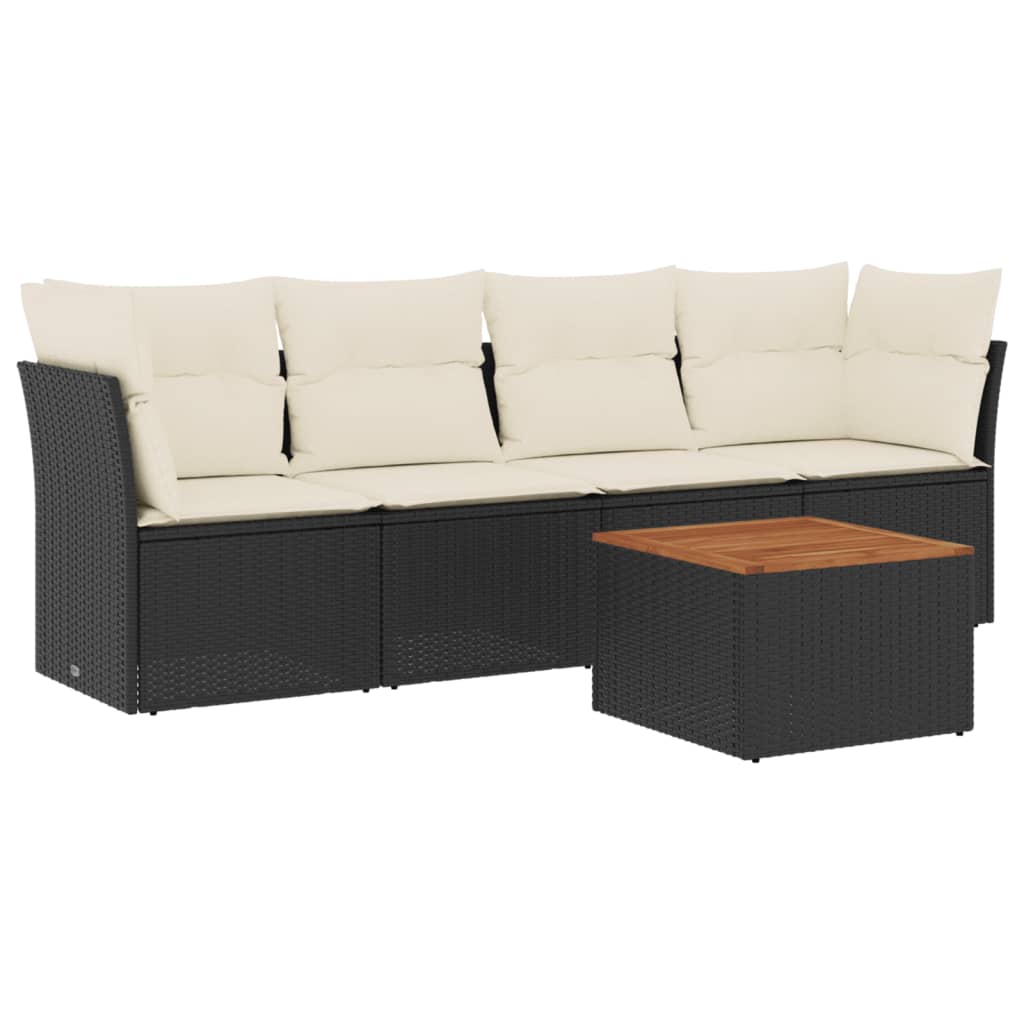 5-delige Loungeset met kussens poly rattan zwart