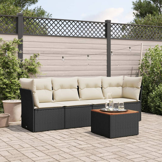 5-delige Loungeset met kussens poly rattan zwart