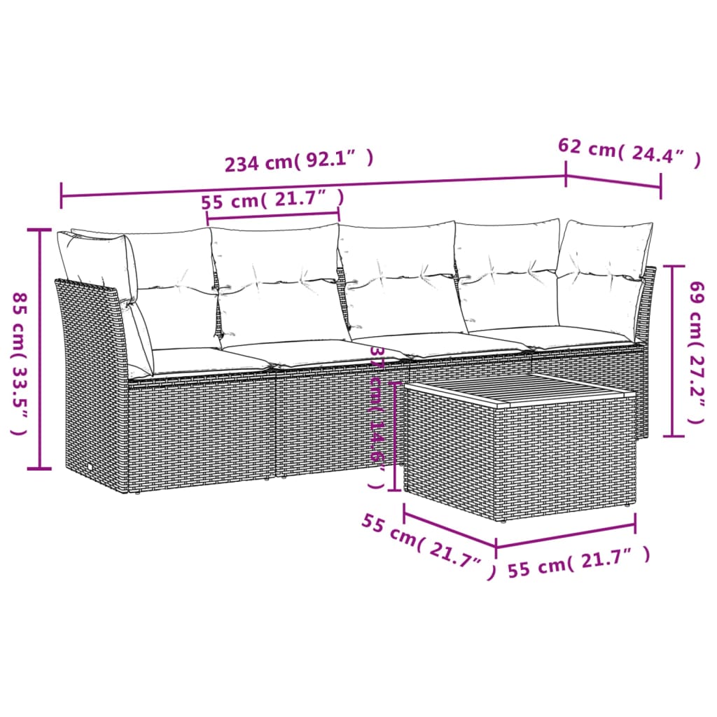 5-delige Loungeset met kussens poly rattan beige