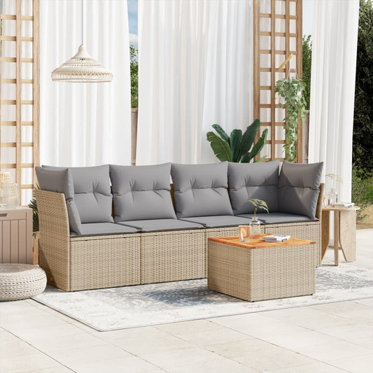 5-delige Loungeset met kussens poly rattan beige