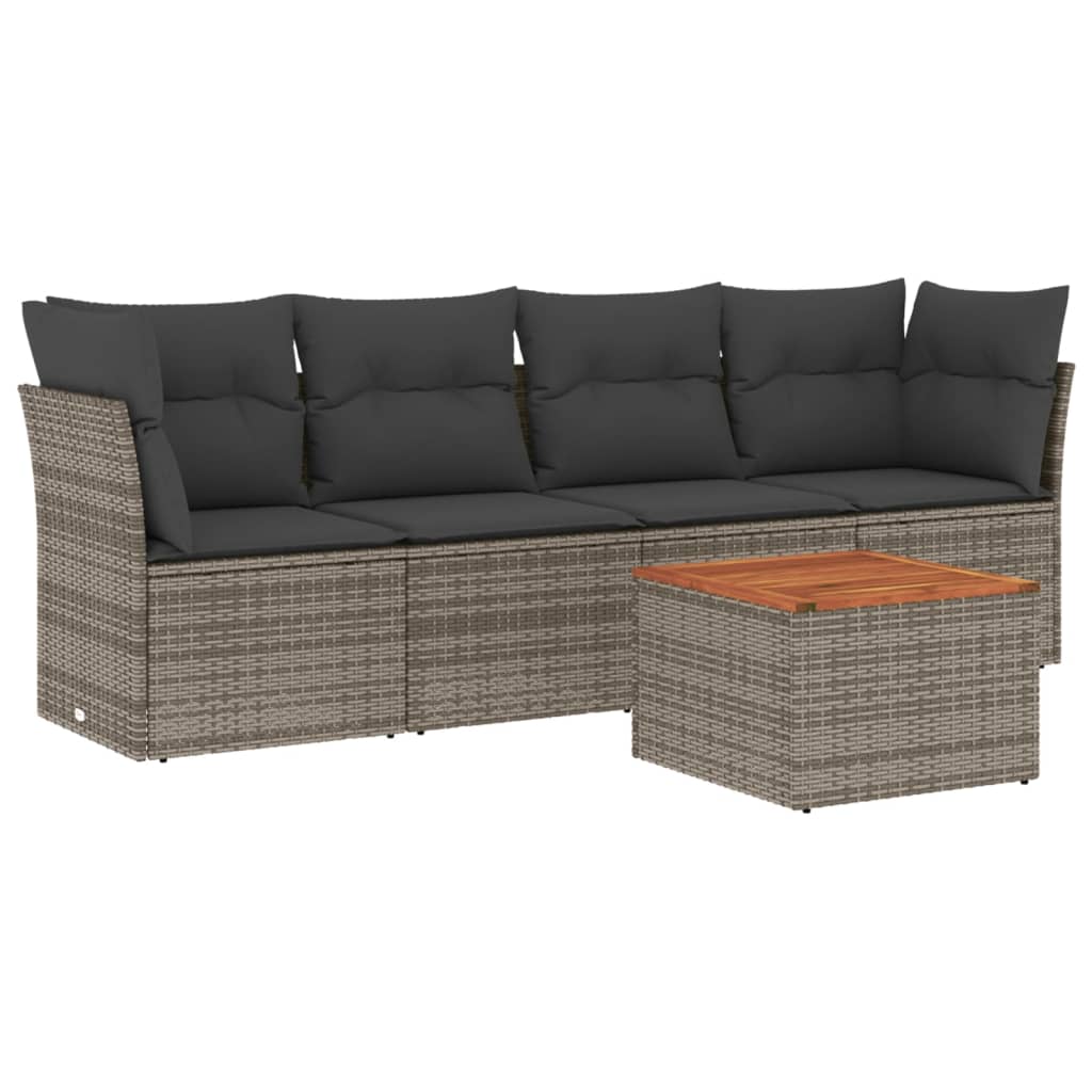 5-delige Loungeset met kussens poly rattan grijs