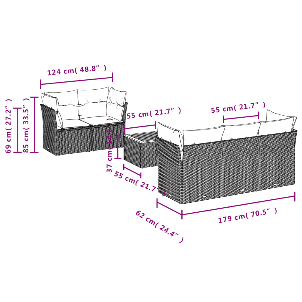 6-delige Loungeset met kussens poly rattan grijs