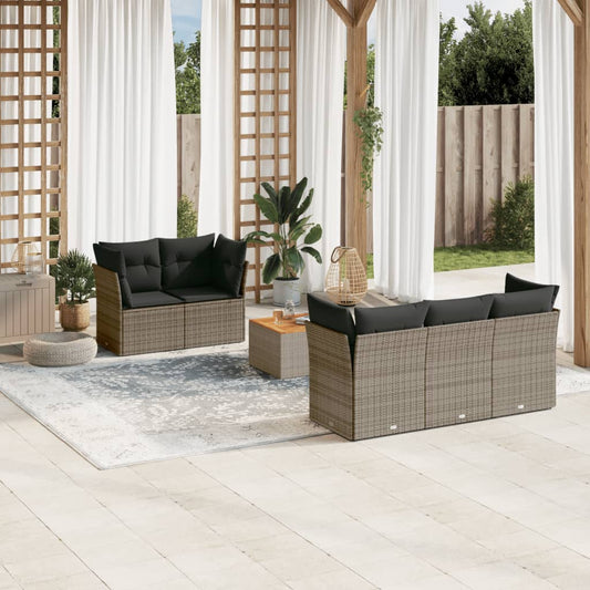 6-delige Loungeset met kussens poly rattan grijs