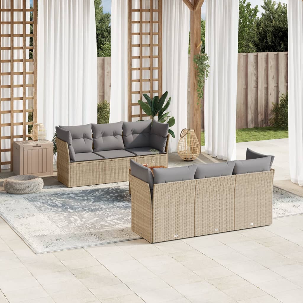 7-delige Loungeset met kussens poly rattan beige