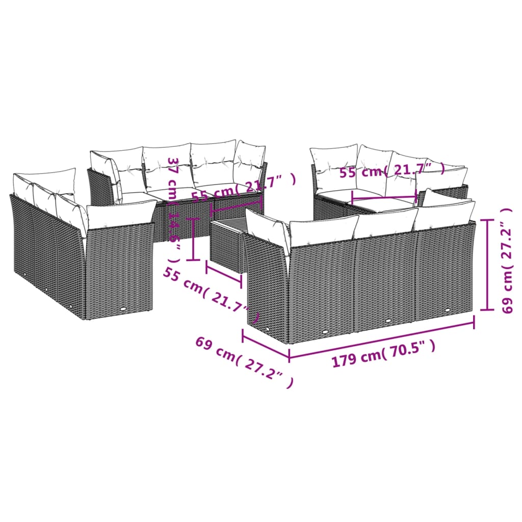 13-delige Loungeset met kussens poly rattan zwart