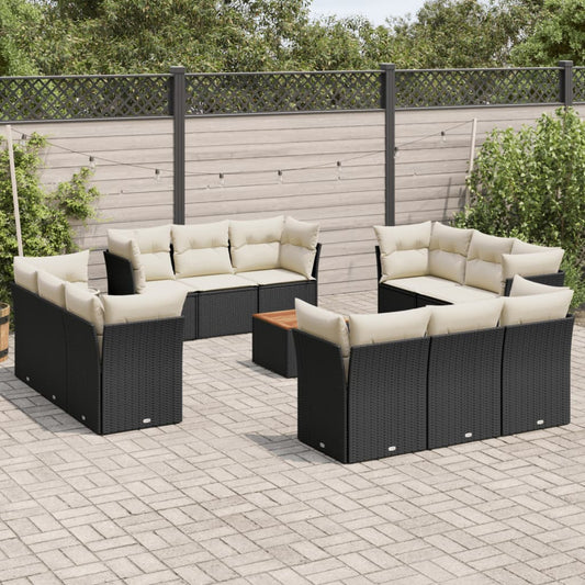 13-delige Loungeset met kussens poly rattan zwart