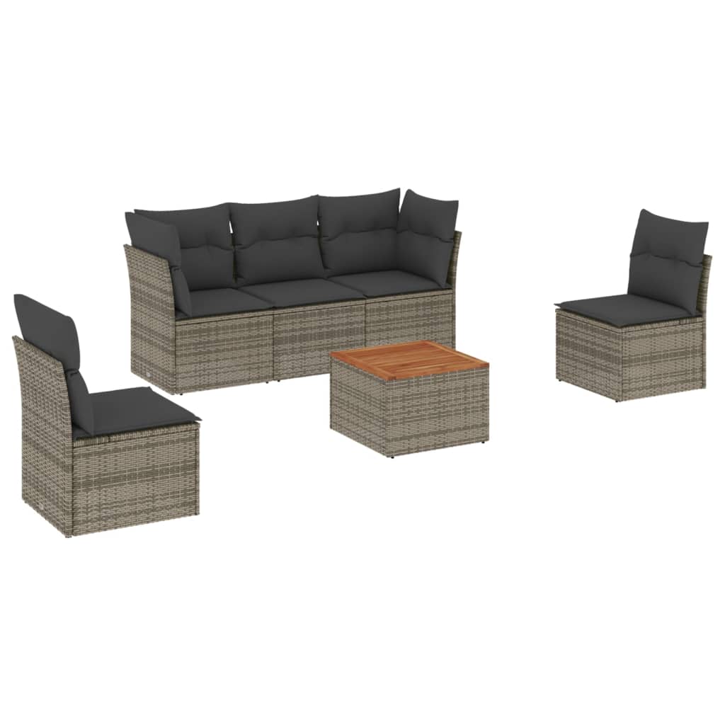 6-delige Loungeset met kussens poly rattan grijs