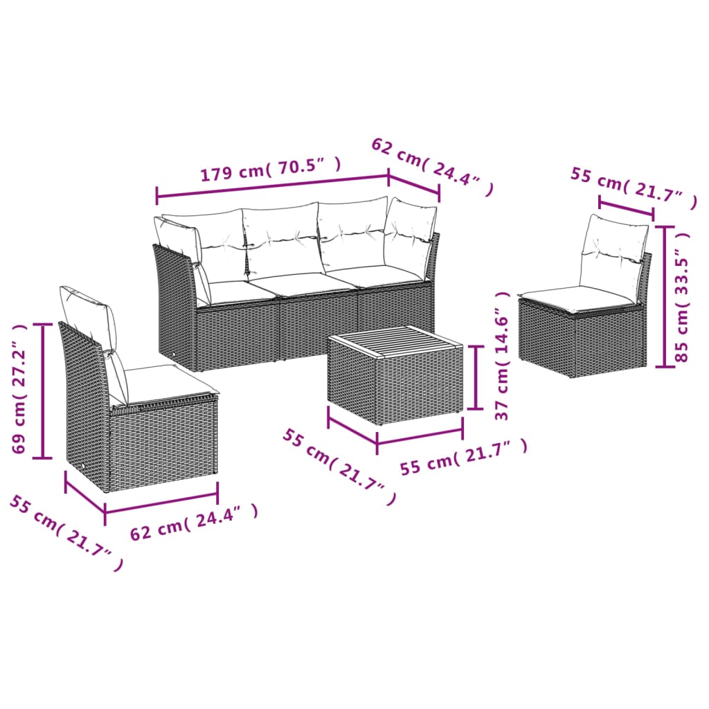 6-delige Loungeset met kussens poly rattan grijs