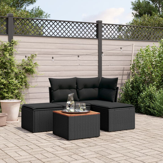 5-delige Loungeset met kussens poly rattan zwart