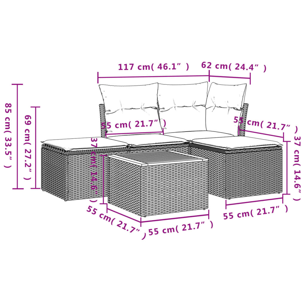 5-delige Loungeset met kussens poly rattan zwart