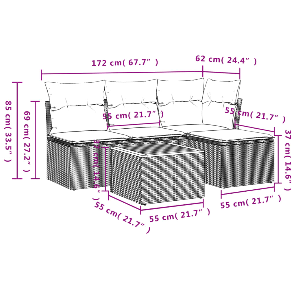 5-delige Loungeset met kussens poly rattan zwart