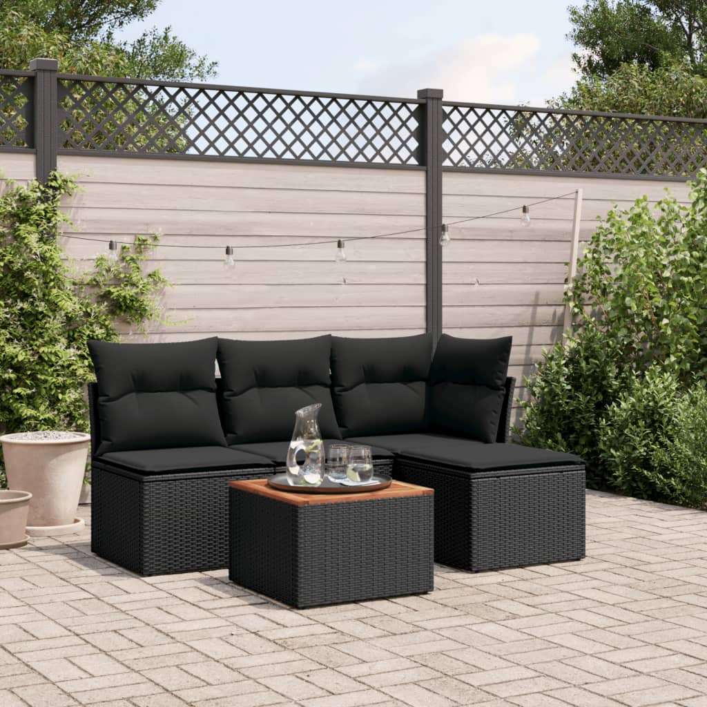 5-delige Loungeset met kussens poly rattan zwart