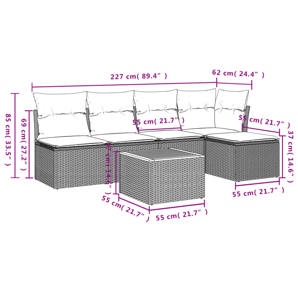 6-delige Loungeset met kussens poly rattan zwart