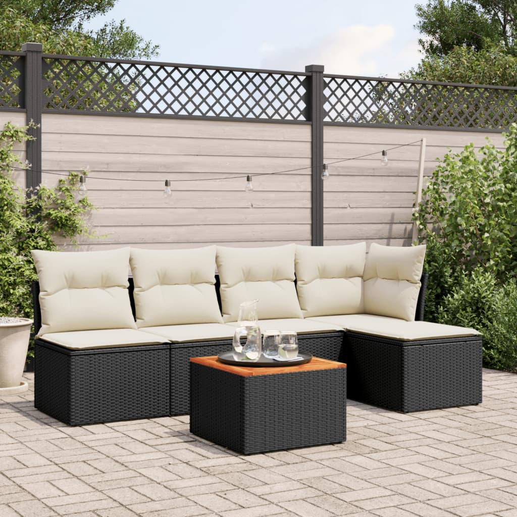 6-delige Loungeset met kussens poly rattan zwart