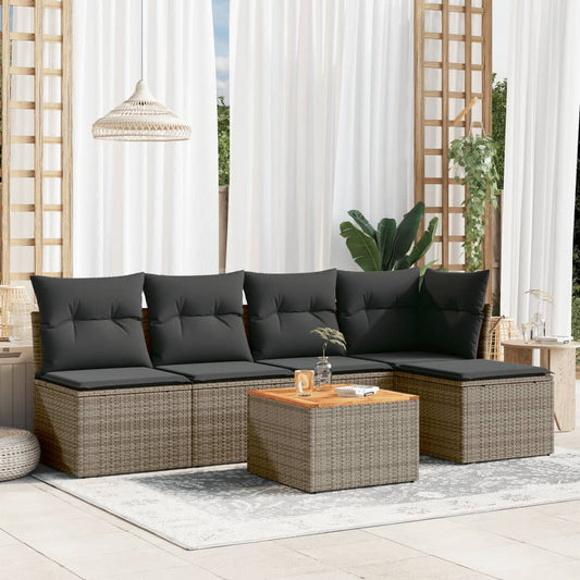 6-delige Loungeset met kussens poly rattan grijs