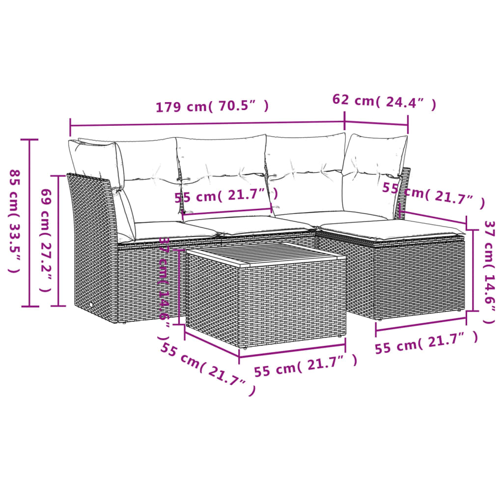 5-delige Loungeset met kussens poly rattan zwart