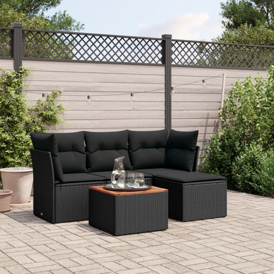 5-delige Loungeset met kussens poly rattan zwart