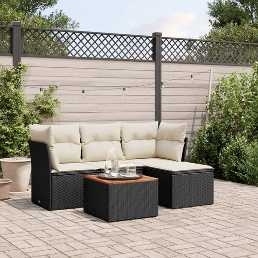 5-delige Loungeset met kussens poly rattan zwart