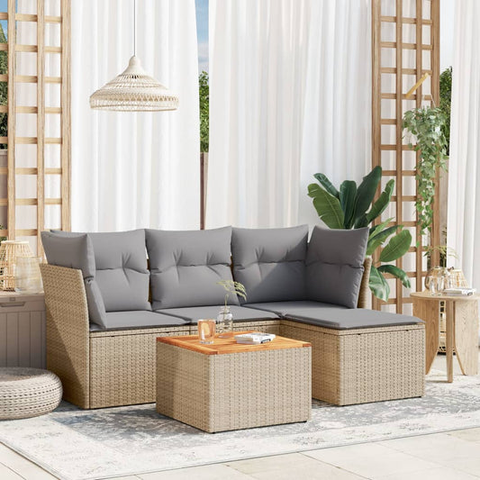 5-delige Loungeset met kussens poly rattan beige