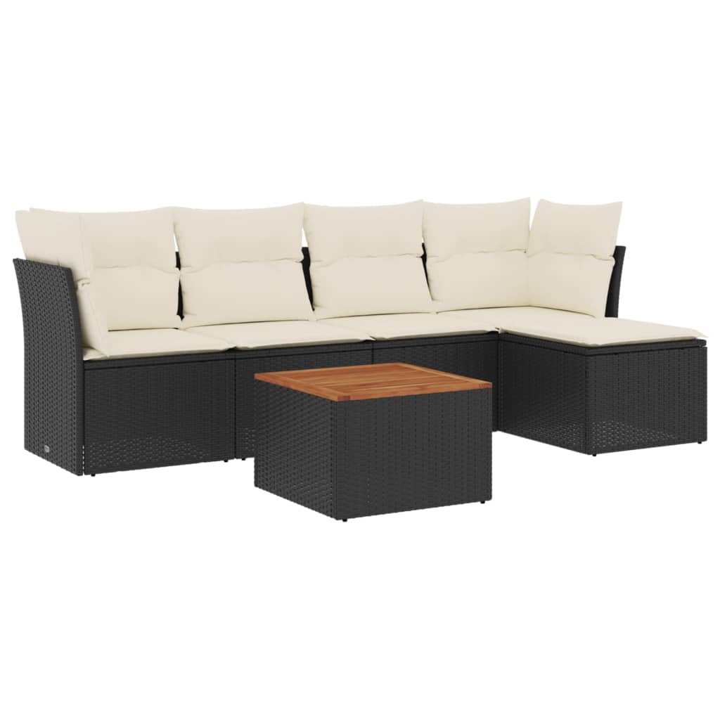 6-delige Loungeset met kussens poly rattan zwart