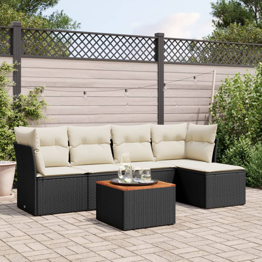 6-delige Loungeset met kussens poly rattan zwart