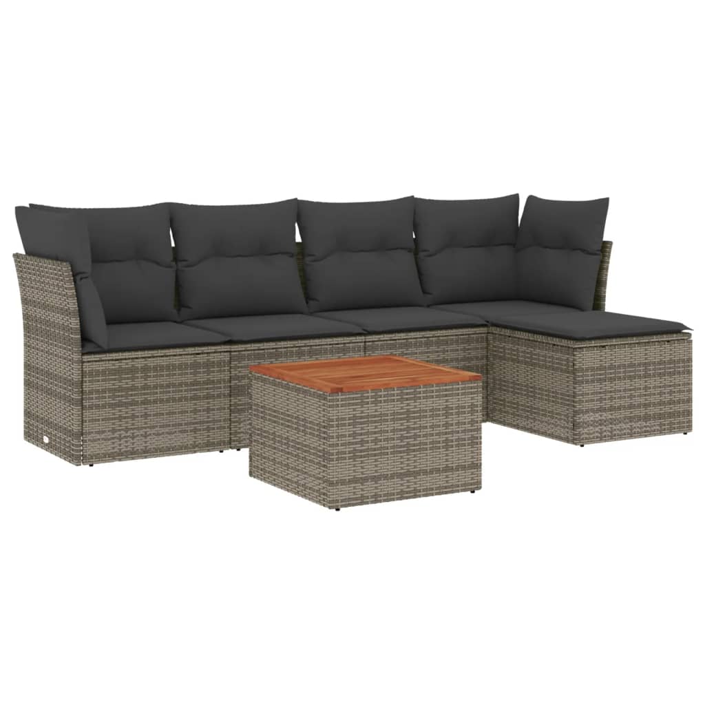 6-delige Loungeset met kussens poly rattan grijs