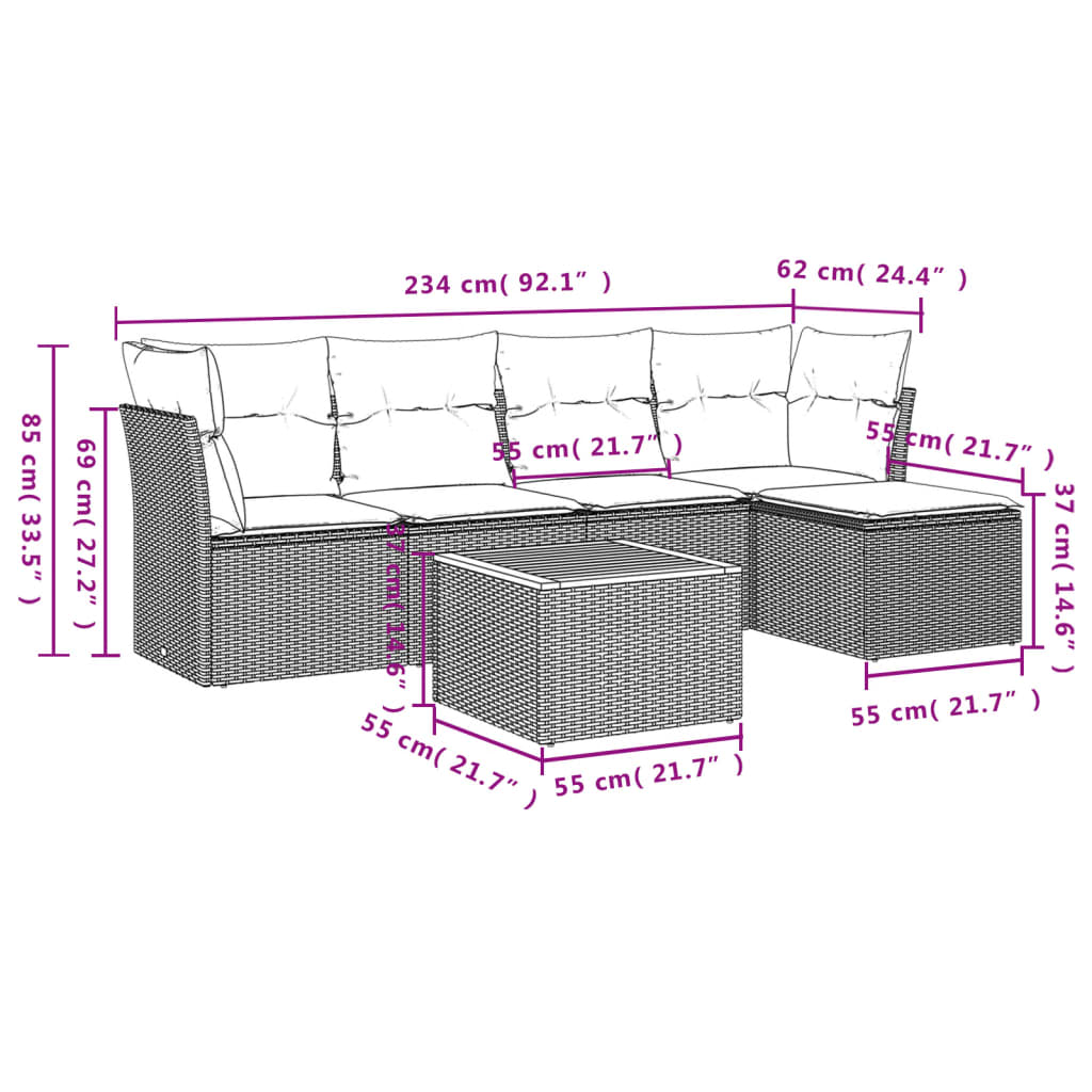 6-delige Loungeset met kussens poly rattan grijs