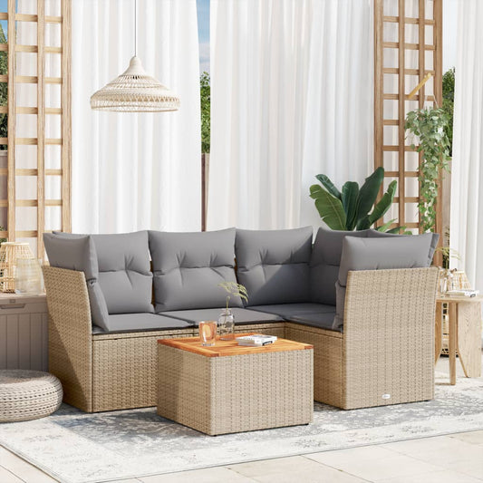 5-delige Loungeset met kussens poly rattan beige