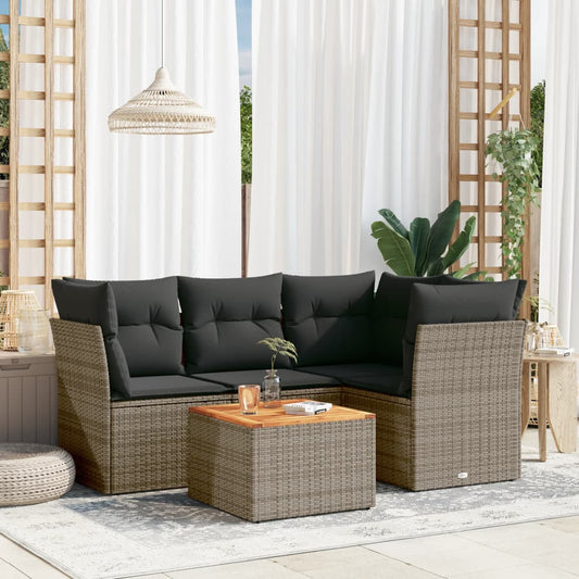 5-delige Loungeset met kussens poly rattan grijs