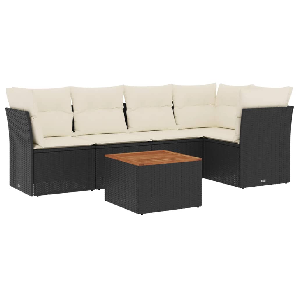 6-delige Loungeset met kussens poly rattan zwart