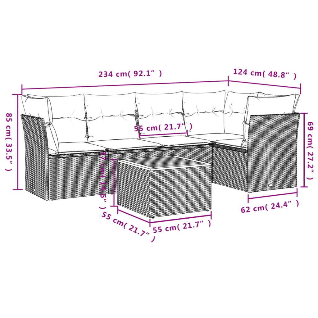 6-delige Loungeset met kussens poly rattan zwart