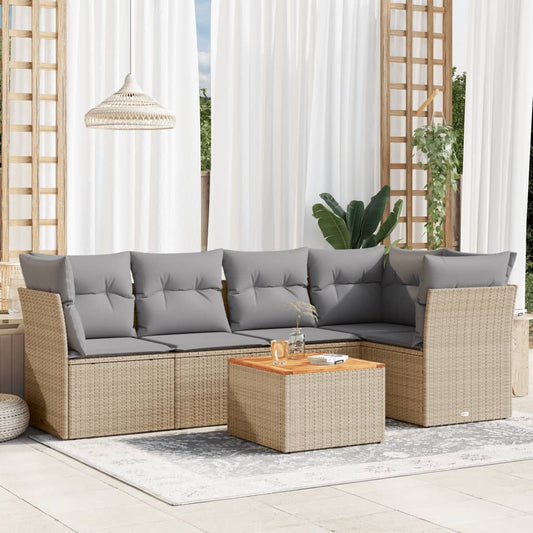 6-delige Loungeset met kussens poly rattan beige