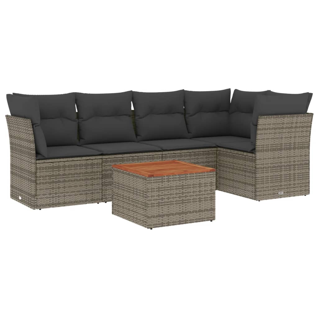 6-delige Loungeset met kussens poly rattan grijs