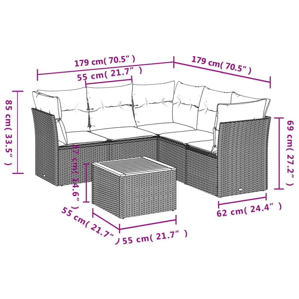 6-delige Loungeset met kussens poly rattan zwart