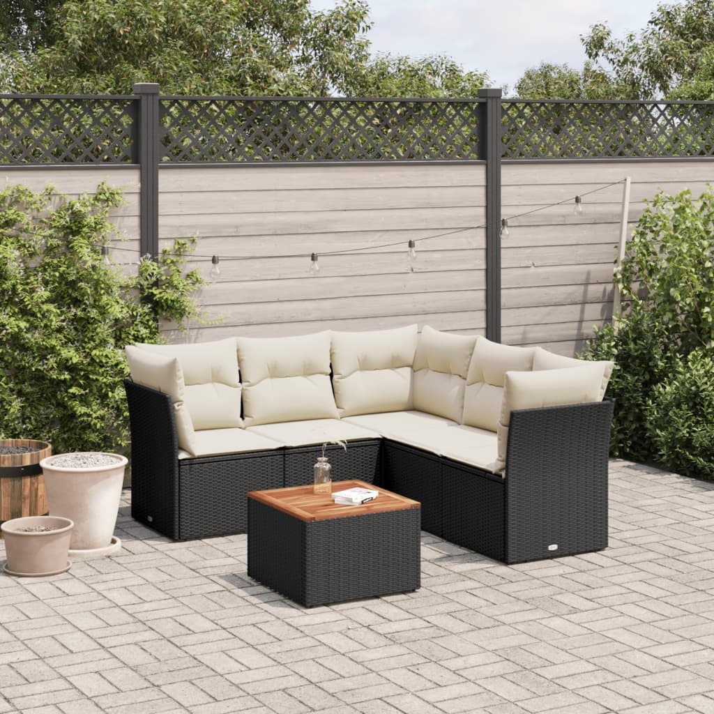 6-delige Loungeset met kussens poly rattan zwart