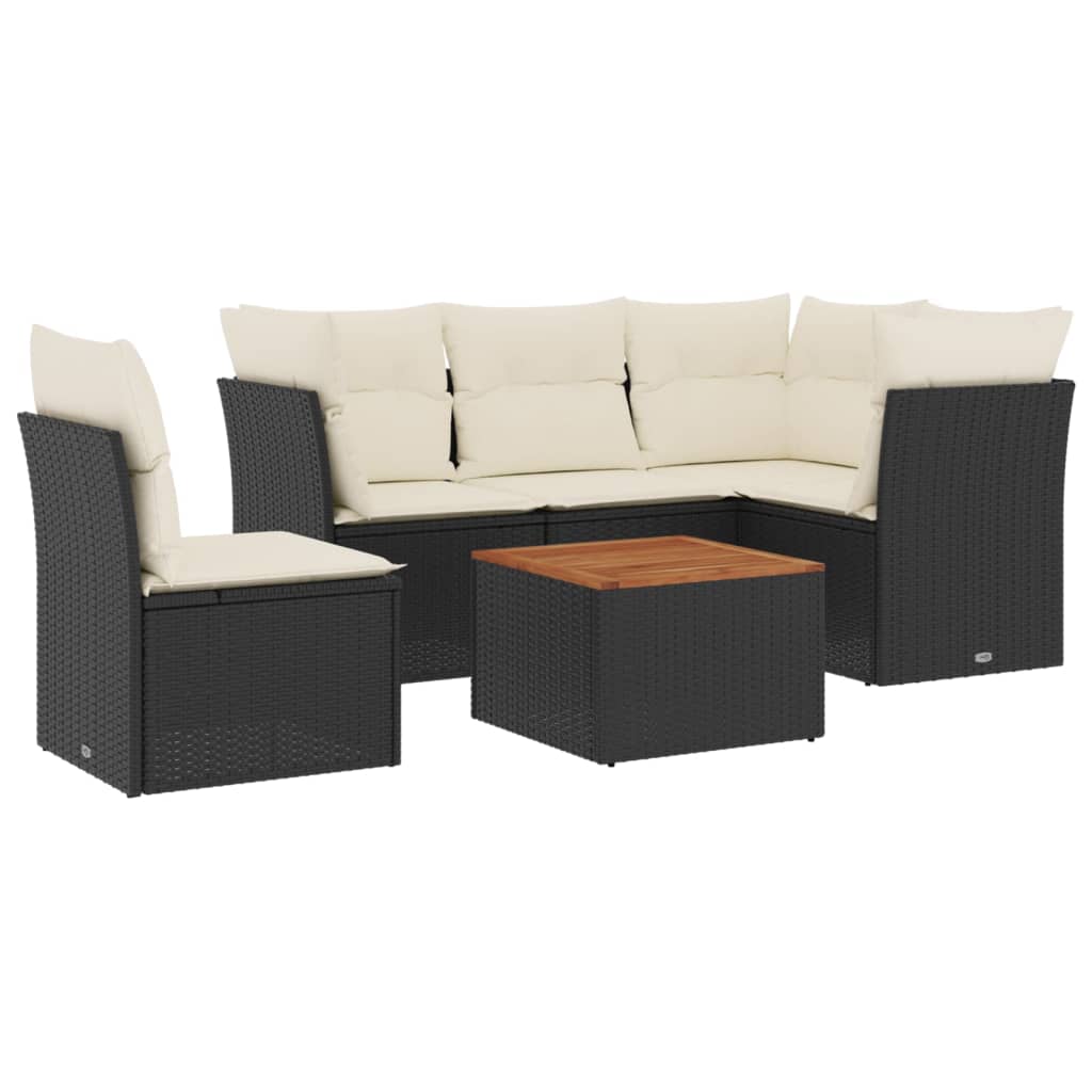 6-delige Loungeset met kussens poly rattan zwart