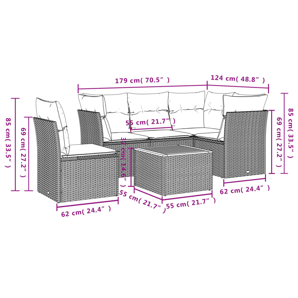 6-delige Loungeset met kussens poly rattan zwart